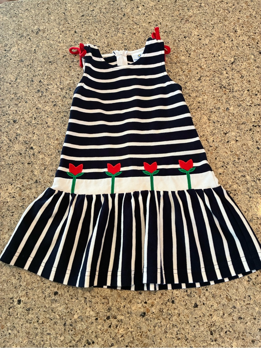 3T Florence Eiseman Navy and White Striped Tank Dress with Red Tulips